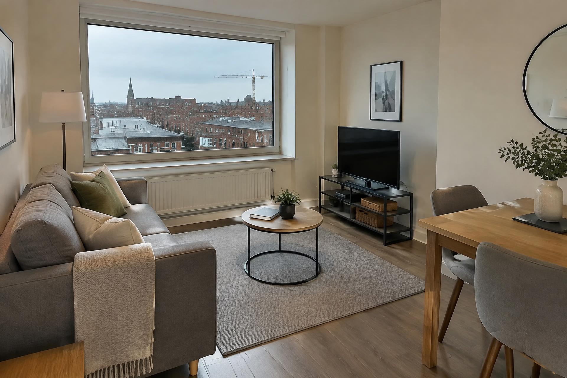 Luxury serviced apartment living room at dusk
