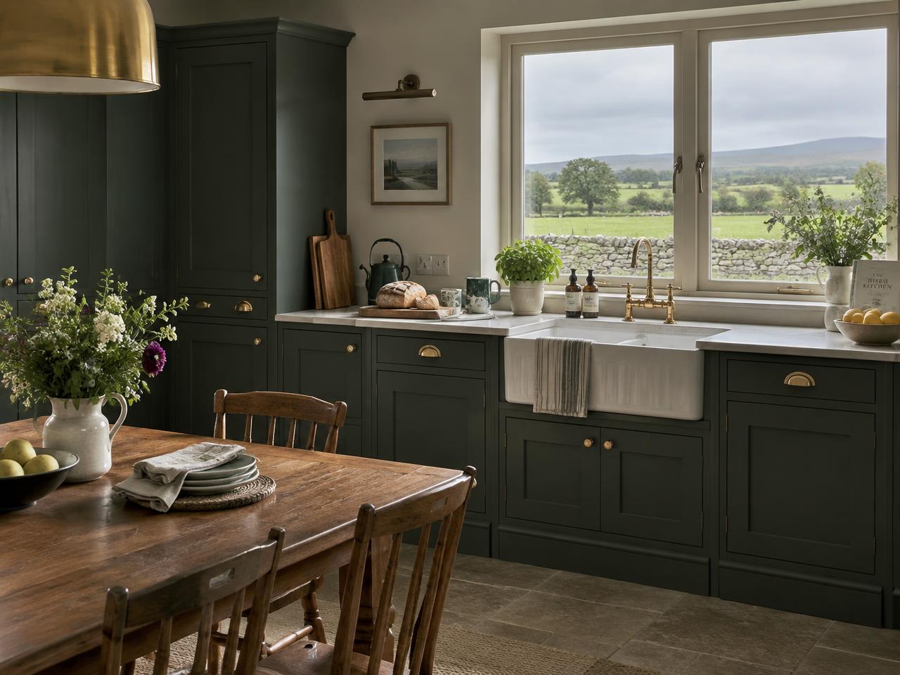 Modern green kitchen with gold hardware in a serviced apartment